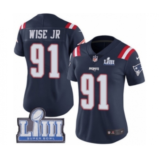 Women's Nike New England Patriots 91 Deatrich Wise Jr Limited Navy Blue Rush Vapor Untouchable Super Bowl LIII Bound NFL Jersey