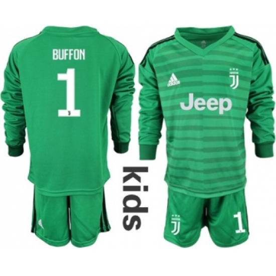 Juventus 1 Buffon Green Goalkeeper Long Sleeves Kid Soccer Club Jersey