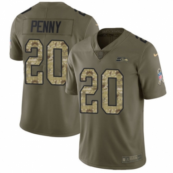 Men's Nike Seattle Seahawks 20 Rashaad Penny Limited Olive Camo 2017 Salute to Service NFL Jersey