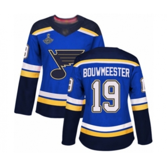 Women's St. Louis Blues 19 Jay Bouwmeester Authentic Royal Blue Home 2019 Stanley Cup Champions Hockey Jersey