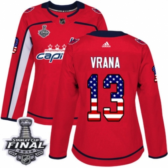 Women's Adidas Washington Capitals 13 Jakub Vrana Authentic Red USA Flag Fashion 2018 Stanley Cup Final NHL Jersey