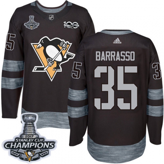 Men's Adidas Pittsburgh Penguins 35 Tom Barrasso Authentic Black 1917-2017 100th Anniversary 2017 Stanley Cup Champions NHL Jersey