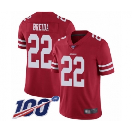 Men's San Francisco 49ers 22 Matt Breida Red Team Color Vapor Untouchable Limited Player 100th Season Football Jersey