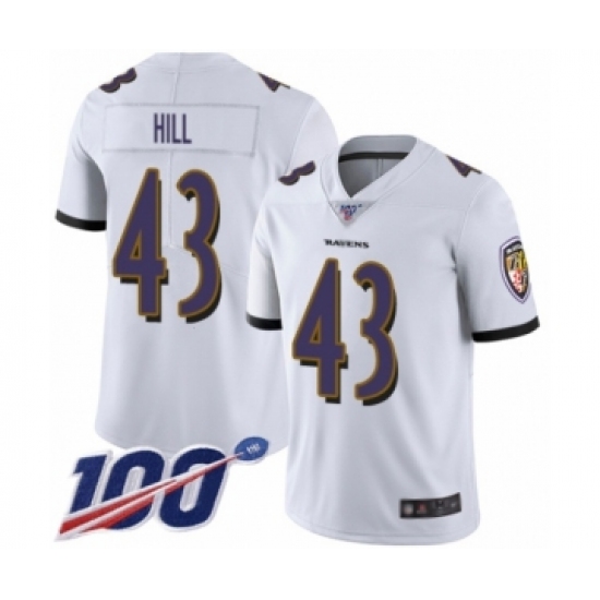 Men's Baltimore Ravens 43 Justice Hill White Vapor Untouchable Limited Player 100th Season Football Jersey