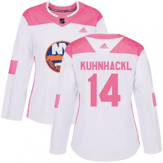 Women's Adidas New York Islanders 14 Tom Kuhnhackl Authentic White Pink Fashion NHL Jersey