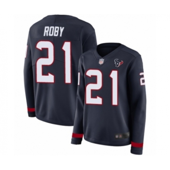 Women's Houston Texans 21 Bradley Roby Limited Navy Blue Therma Long Sleeve Football Jersey