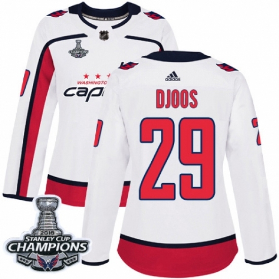 Women's Adidas Washington Capitals 29 Christian Djoos Authentic White Away 2018 Stanley Cup Final Champions NHL Jersey