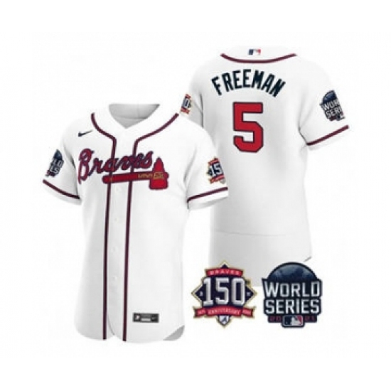 Men's Atlanta Braves 5 Freddie Freeman 2021 White World Series Flex Base With 150th Anniversary Patch Baseball Jersey