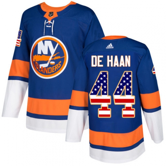 Youth Adidas New York Islanders 44 Calvin de Haan Authentic Royal Blue USA Flag Fashion NHL Jersey