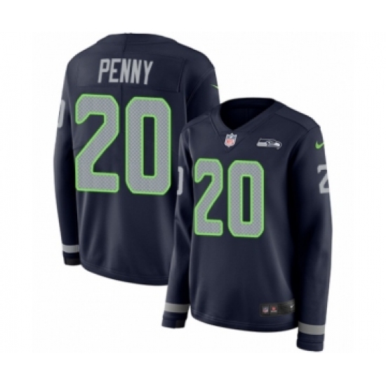 Women's Nike Seattle Seahawks 20 Rashaad Penny Limited Navy Blue Therma Long Sleeve NFL Jersey