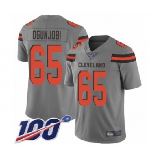 Men's Cleveland Browns 65 Larry Ogunjobi Limited Gray Inverted Legend 100th Season Football Jersey