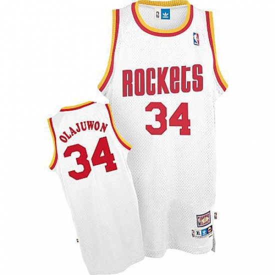 Men's Mitchell and Ness Houston Rockets 34 Hakeem Olajuwon Authentic White Throwback NBA Jersey