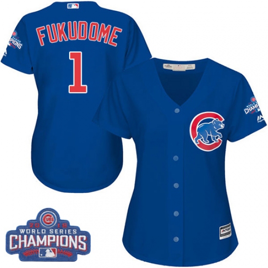 Women's Majestic Chicago Cubs 1 Kosuke Fukudome Authentic Royal Blue Alternate 2016 World Series Champions Cool Base MLB Jersey