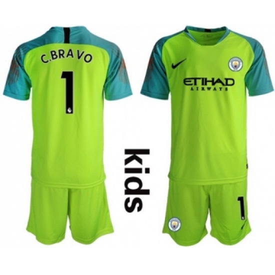 Manchester City 1 C.Bravo Shiny Green Goalkeeper Kid Soccer Club Jersey