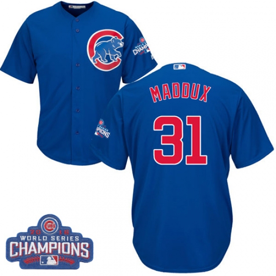 Youth Majestic Chicago Cubs 31 Greg Maddux Authentic Royal Blue Alternate 2016 World Series Champions Cool Base MLB Jersey