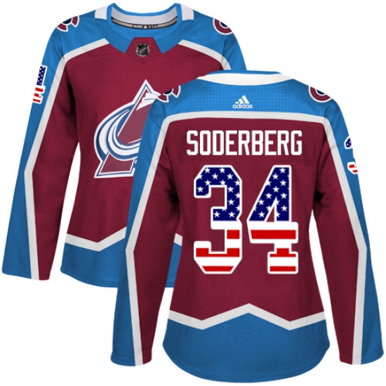 Women's Adidas Colorado Avalanche 34 Carl Soderberg Authentic Burgundy Red USA Flag Fashion NHL Jersey