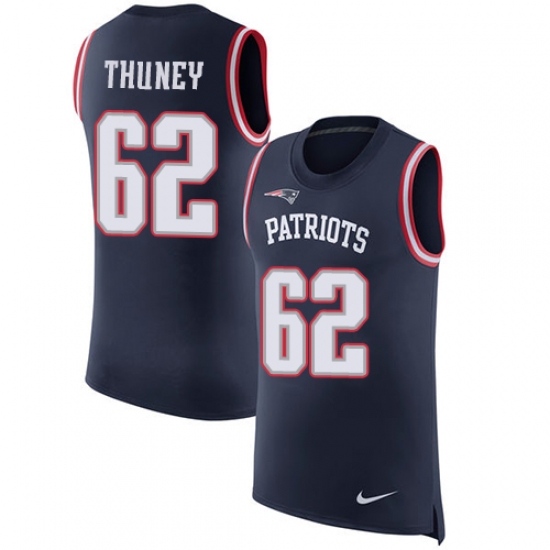 Men's Nike New England Patriots 62 Joe Thuney Limited Navy Blue Rush Player Name & Number Tank Top NFL Jersey