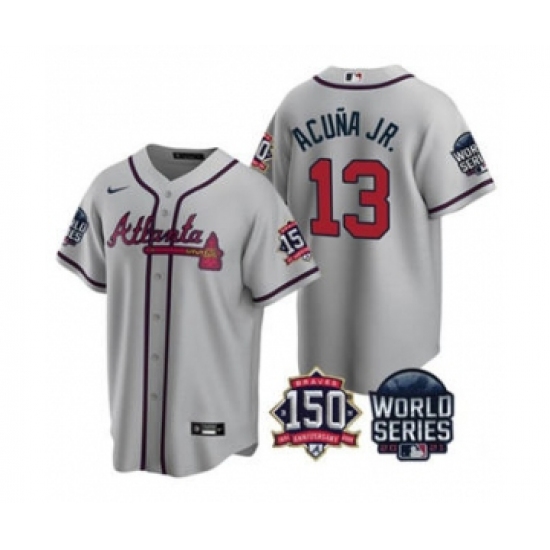 Men's Atlanta Braves 13 Ronald Acuna Jr. 2021 Gray World Series With 150th Anniversary Patch Cool Base Baseball Jersey