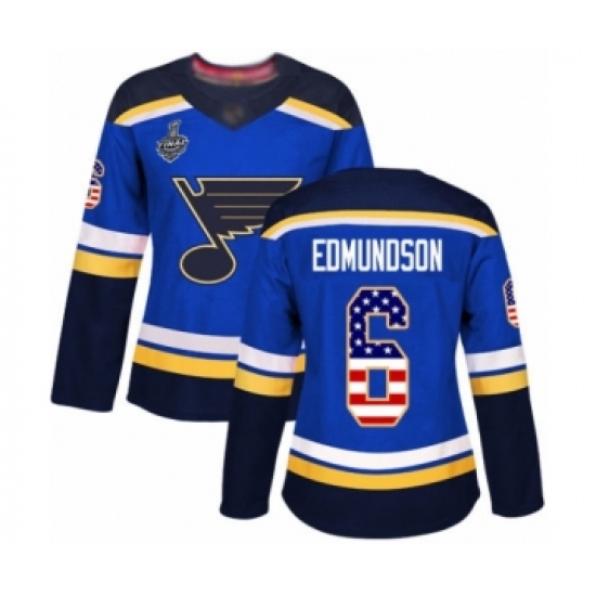 Women's St. Louis Blues 6 Joel Edmundson Authentic Blue USA Flag Fashion 2019 Stanley Cup Final Bound Hockey Jersey