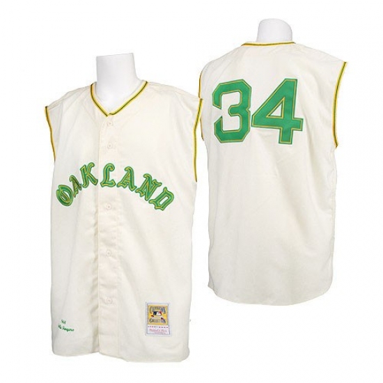 Men's Mitchell and Ness 1968 Oakland Athletics 34 Rollie Fingers Replica Cream Throwback MLB Jersey