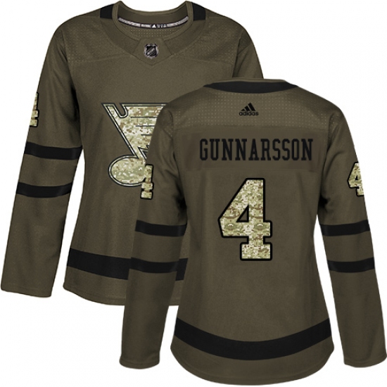 Women's Adidas St. Louis Blues 4 Carl Gunnarsson Authentic Green Salute to Service NHL Jersey