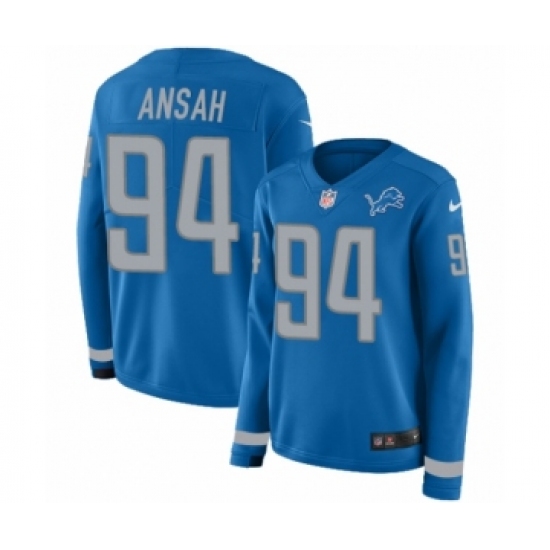 Women's Nike Detroit Lions 94 Ziggy Ansah Limited Blue Therma Long Sleeve NFL Jersey