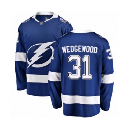 Men's Tampa Bay Lightning 31 Scott Wedgewood Fanatics Branded Blue Home Breakaway Hockey Jersey