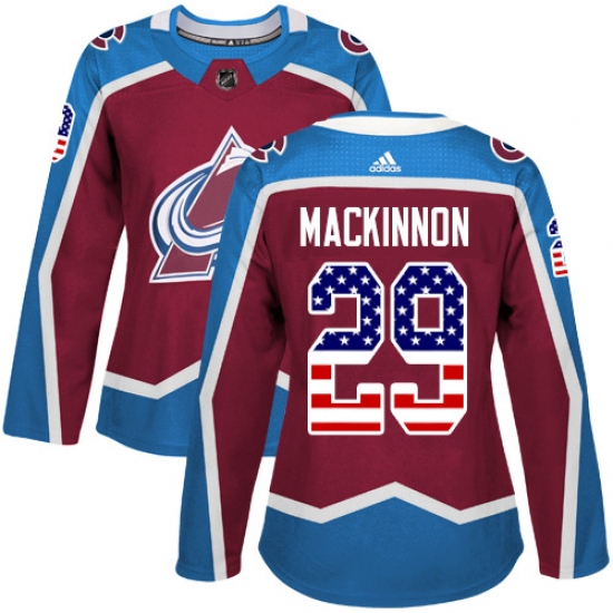 Women's Adidas Colorado Avalanche 29 Nathan MacKinnon Authentic Burgundy Red USA Flag Fashion NHL Jersey