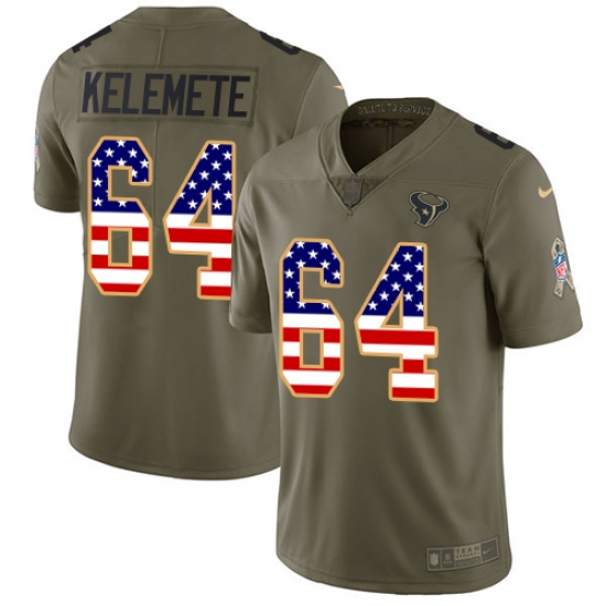 Men's Nike Houston Texans 64 Senio Kelemete Limited Olive USA Flag 2017 Salute to Service NFL Jersey