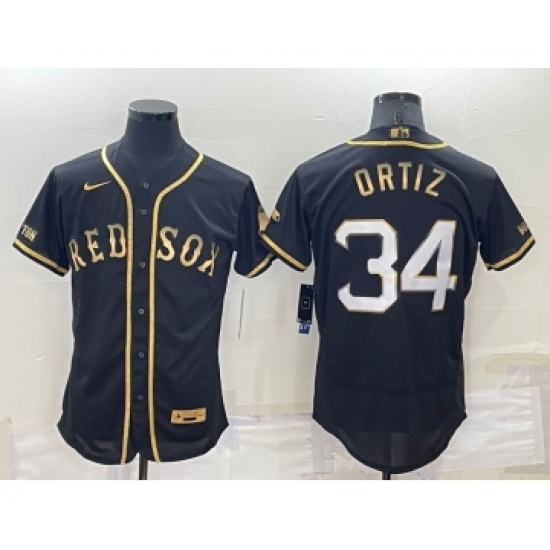 Men's Boston Red Sox 34 David Ortiz Black Gold Flex base Stitched Baseball Jersey