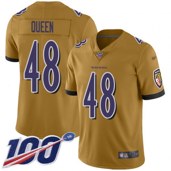 Men's Baltimore Ravens 48 Patrick Queen Gold Stitched NFL Limited Inverted Legend 100th Season Jersey