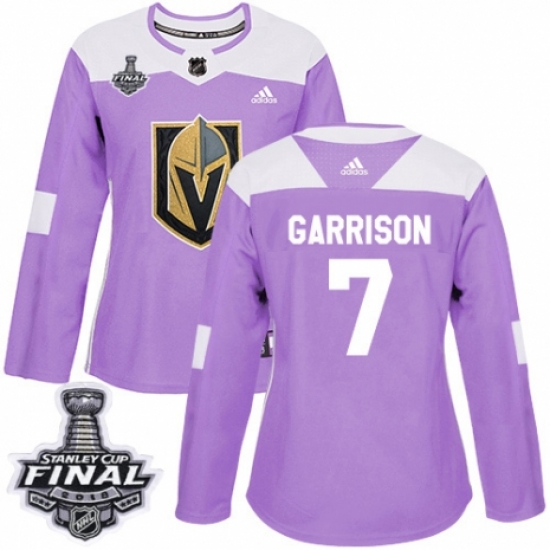 Women's Adidas Vegas Golden Knights 7 Jason Garrison Authentic Purple Fights Cancer Practice 2018 Stanley Cup Final NHL Jersey