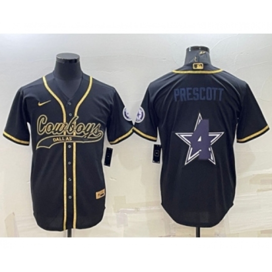 Men's Dallas Cowboys 4 Dak Prescott Black Gold Team Big Logo With Patch Cool Base Stitched Baseball Jersey