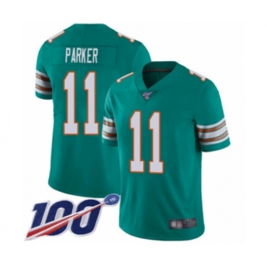 Men's Miami Dolphins 11 DeVante Parker Aqua Green Alternate Vapor Untouchable Limited Player 100th Season Football Jersey