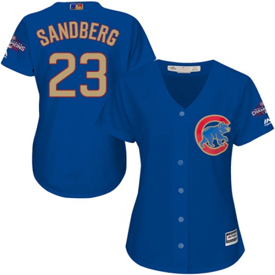 Women's Majestic Chicago Cubs 23 Ryne Sandberg Authentic Royal Blue 2017 Gold Champion MLB Jersey