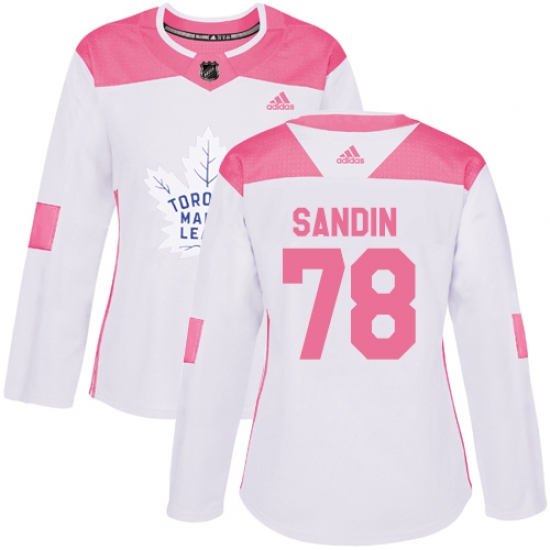 Women's Adidas Toronto Maple Leafs 78 Rasmus Sandin Authentic White Pink Fashion NHL Jersey