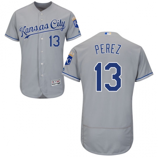 Men's Majestic Kansas City Royals 13 Salvador Perez Grey Road Flex Base Authentic Collection MLB Jersey