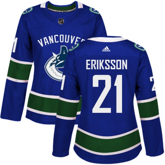 Women's Adidas Vancouver Canucks 21 Loui Eriksson Premier Blue Home NHL Jersey