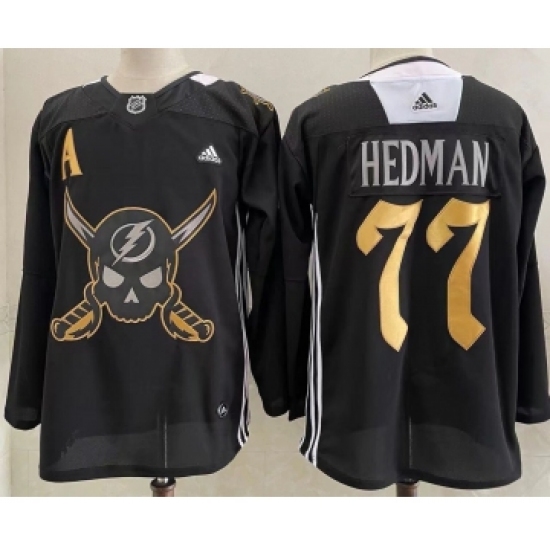 Men's Tampa Bay Lightning 77 Victor Hedman Black Pirate Themed Warmup Authentic Jersey