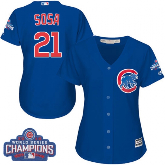 Women's Majestic Chicago Cubs 21 Sammy Sosa Authentic Royal Blue Alternate 2016 World Series Champions Cool Base MLB Jersey