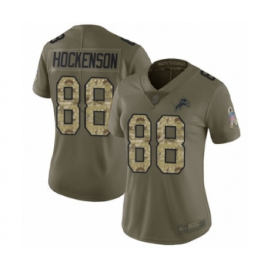 Women's Detroit Lions 88 T.J. Hockenson Limited Olive Camo Salute to Service Football Jersey