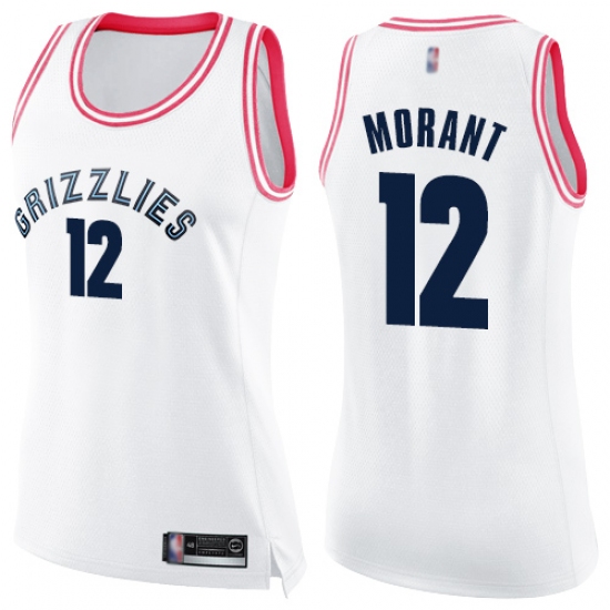 Women's Nike Memphis Grizzlies 12 Ja Morant White Pink NBA Swingman Fashion Jersey