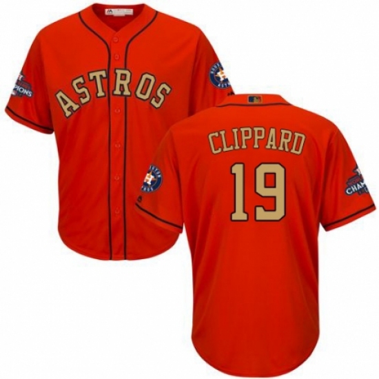 Youth Majestic Houston Astros 19 Tyler Clippard Authentic Orange Alternate 2018 Gold Program Cool Base MLB Jersey