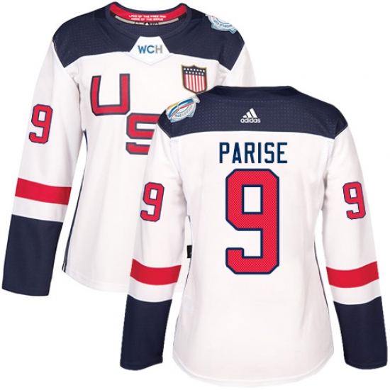 Women's Adidas Team USA 9 Zach Parise Authentic White Home 2016 World Cup Hockey Jersey