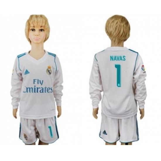 Real Madrid 1 Navas Home Long Sleeves Kid Soccer Club Jersey