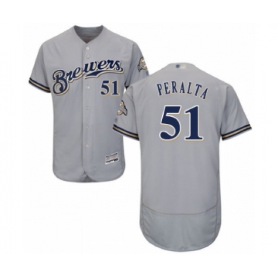 Men's Milwaukee Brewers 51 Freddy Peralta Grey Road Flex Base Authentic Collection Baseball Player Jersey