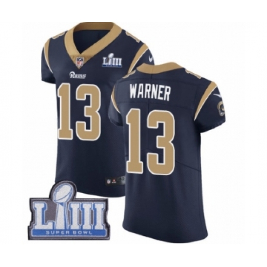 Men's Nike Los Angeles Rams 13 Kurt Warner Navy Blue Team Color Vapor Untouchable Elite Player Super Bowl LIII Bound NFL Jersey