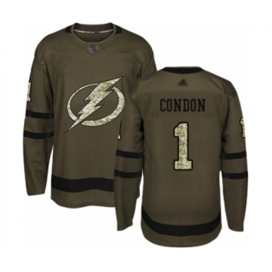 Youth Tampa Bay Lightning 1 Mike Condon Authentic Green Salute to Service Hockey Jersey