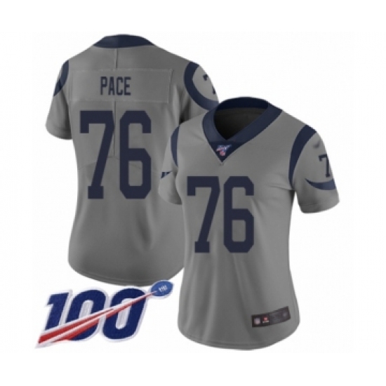 Women's Los Angeles Rams 76 Orlando Pace Limited Gray Inverted Legend 100th Season Football Jersey