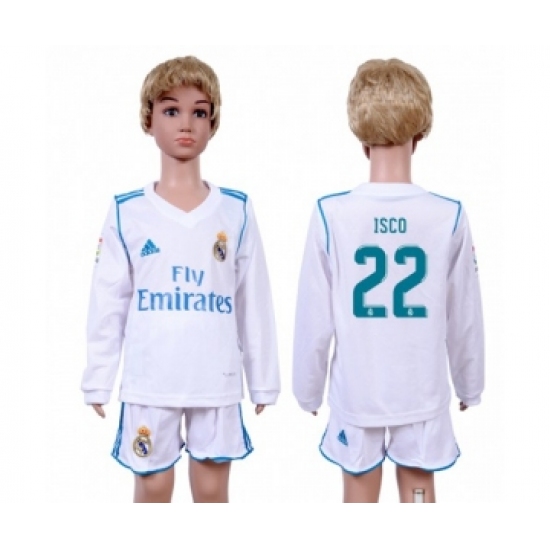 Real Madrid 22 Isco Home Long Sleeves Kid Soccer Club Jersey